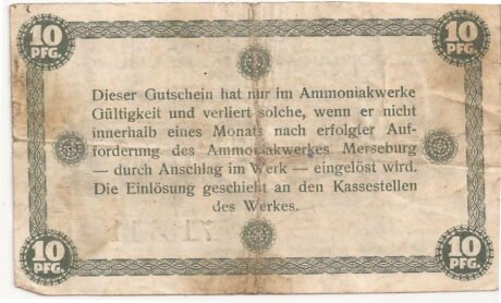 Реверс банкноты 10 Pfennig Ammoniakwerk Merseburg/BASF (Niemcy)