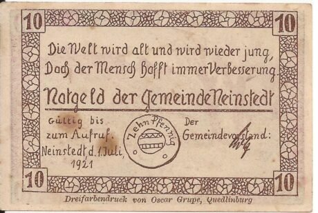 Аверс банкноты 10 fenigów (Niemcy) 1921