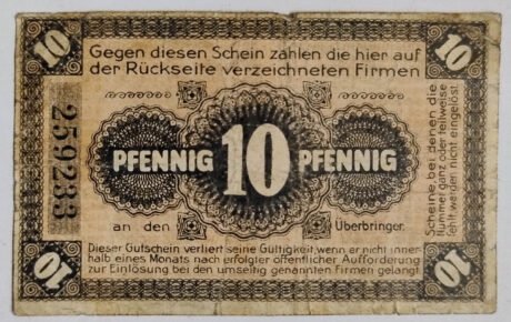 Аверс банкноты 10 fenigów (Niemcy) 1919