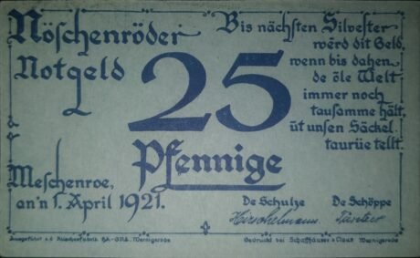 Аверс банкноты 25 fenigów (Niemcy) 1921