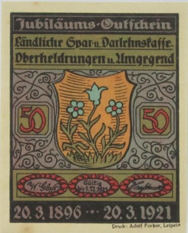 Аверс банкноты 50 fenigów Spar- und Darlehnskasse (Niemcy) 1921