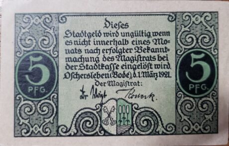 Аверс банкноты 5 fenigów (Niemcy) 1921