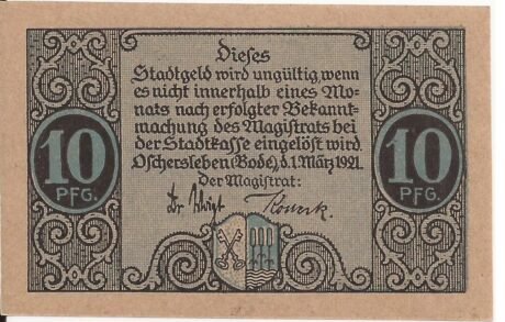 Аверс банкноты 10 fenigów (Niemcy) 1921