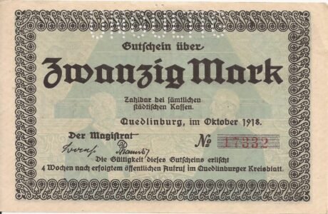 Аверс банкноты 20 marek (Niemcy) 1918