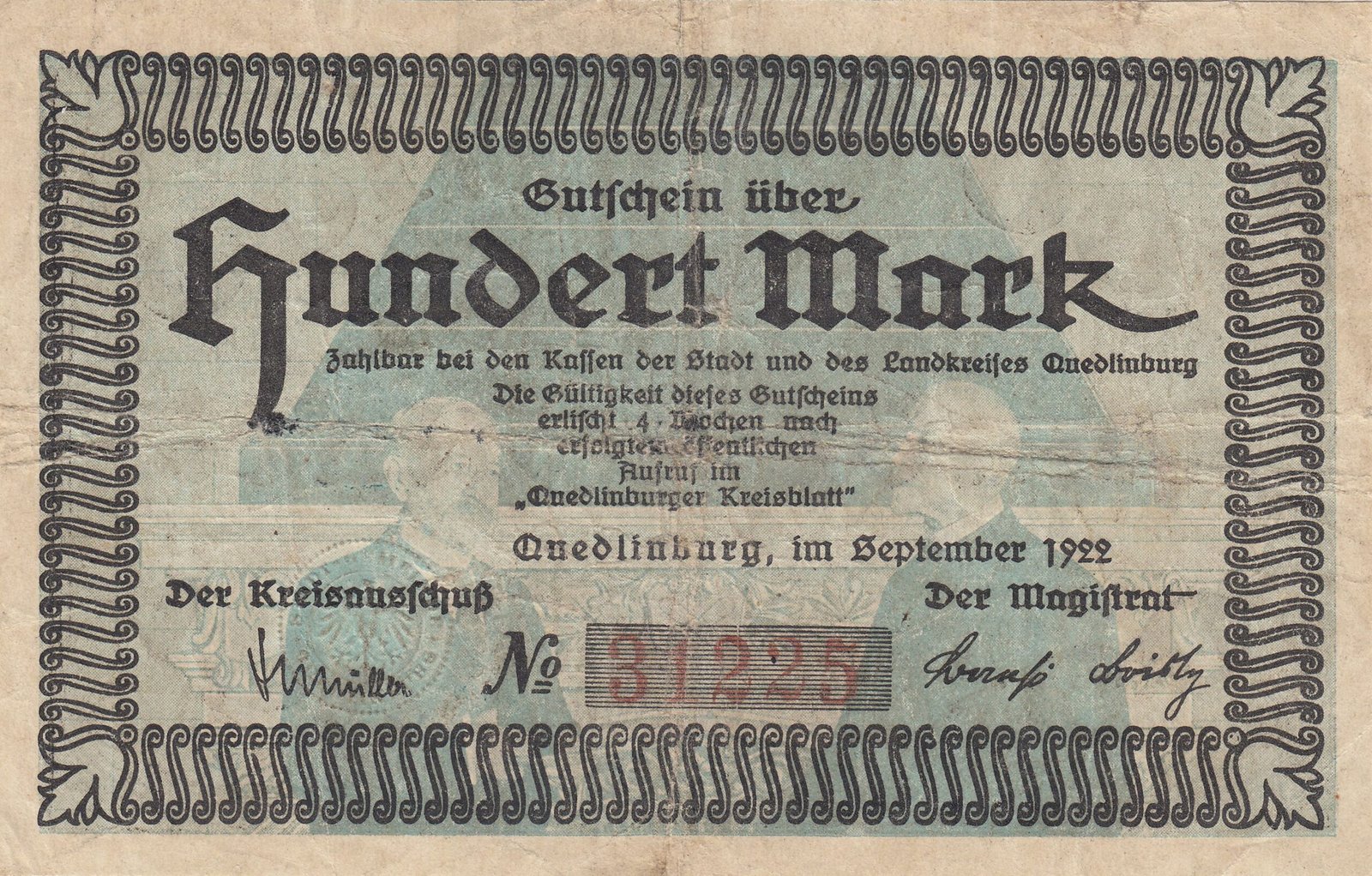 Аверс банкноты 100 марок (Германия) 1922 года