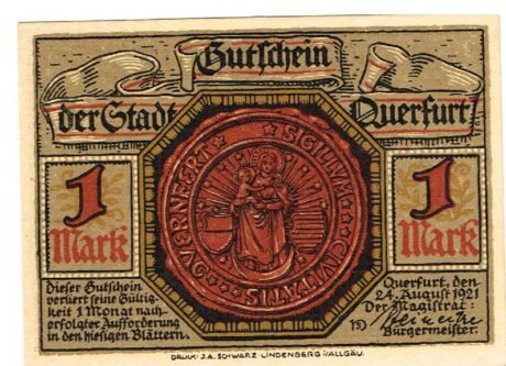 Аверс банкноты 1 марка (Германия) 1921 года