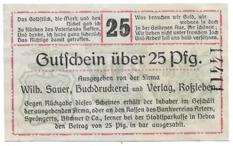 Аверс банкноты 25 fenigów Wilh. Sauer Buchdruckerei (Niemcy) 1919