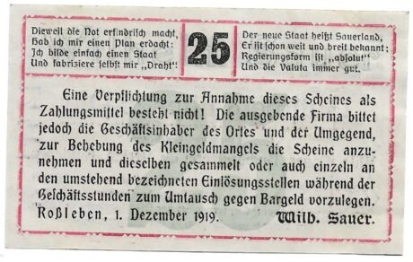 Реверс банкноты 25 fenigów Wilh. Sauer Buchdruckerei (Niemcy) 1919