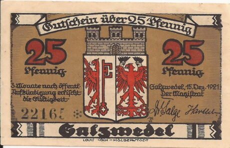 Аверс банкноты 25 fenigów (Niemcy) 1921