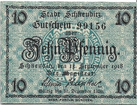 Аверс банкноты 10 fenigów (Niemcy) 1918