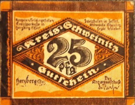 Аверс банкноты 25 fenigów Kreissparkasse Herzberg; brak daty (Niemcy)