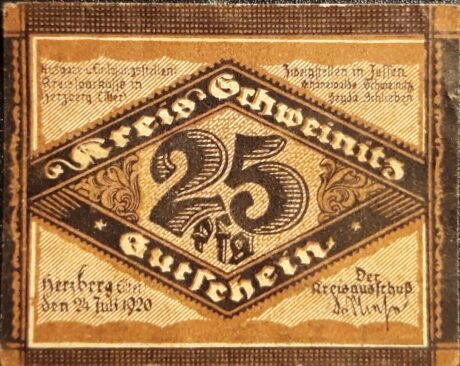 Аверс банкноты 25 fenigów Kreissparkasse Herzberg; z datą (Niemcy) 1920