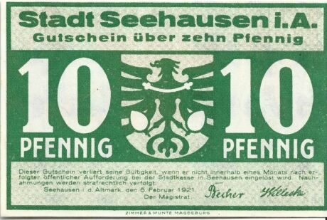 Аверс банкноты 10 fenigów (Niemcy) 1921