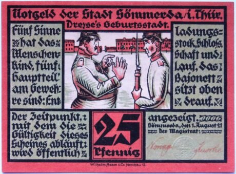 Аверс банкноты 25 fenigów Dreyse Series (Germany) 1921