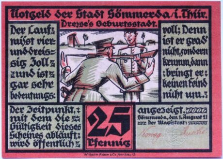 Аверс банкноты 25 fenigów Dreyse Series (Germany) 1921