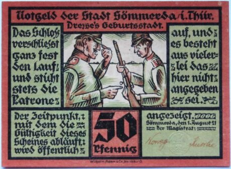 Аверс банкноты Moneta 50 fenigów z serii Dreyse (Niemcy) 1921