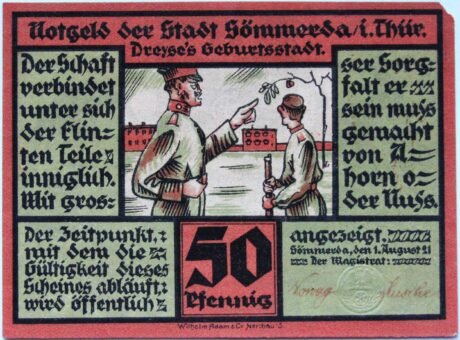 Аверс банкноты Moneta 50 fenigów z serii Dreyse (Niemcy) 1921