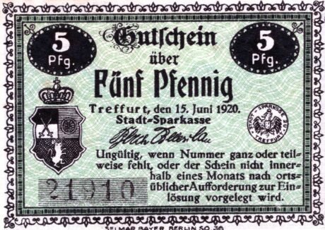 Аверс банкноты 5 fenigów Stadt-Sparkasse (Niemcy) 1920