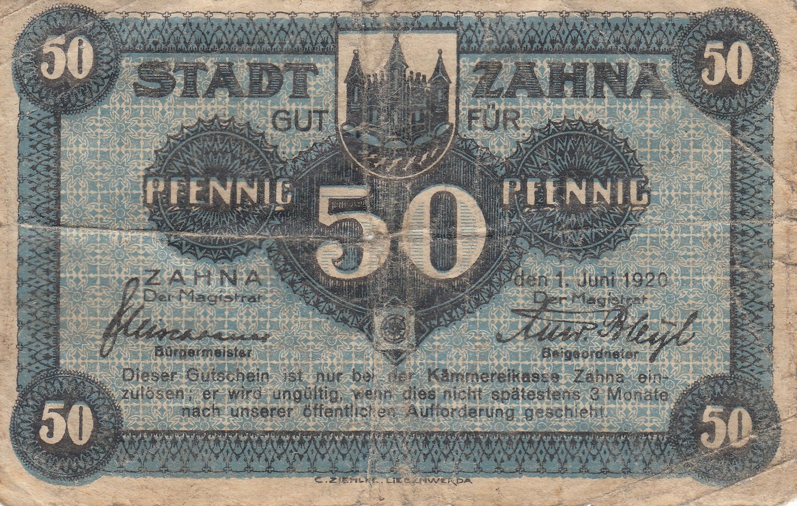 Аверс банкноты 50 Pfennig (Германия) 1920 года