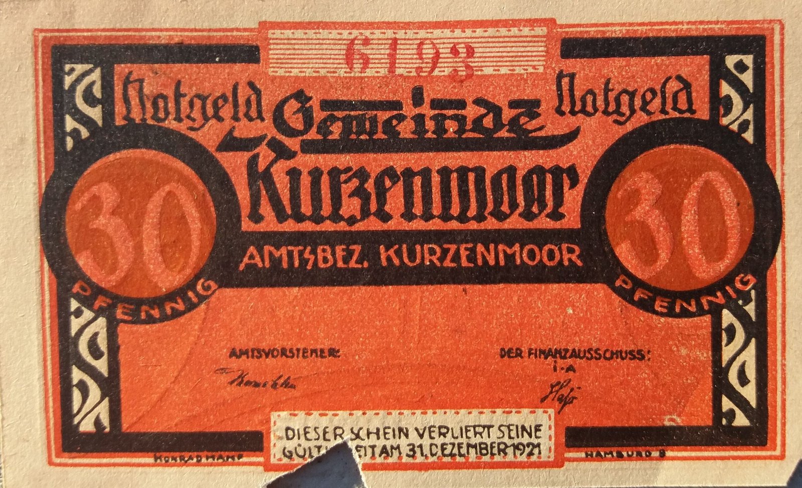 Аверс банкноты 30 пфеннигов Kurzenmoor (Германия)