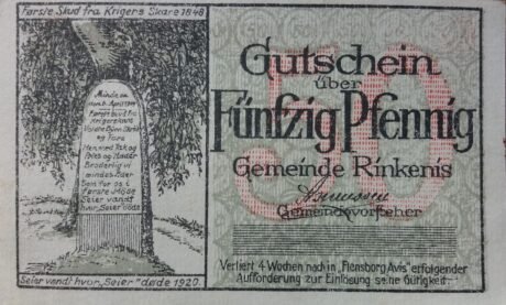 Аверс банкноты 50 fenigów Rinkenis (Niemcy) 1920