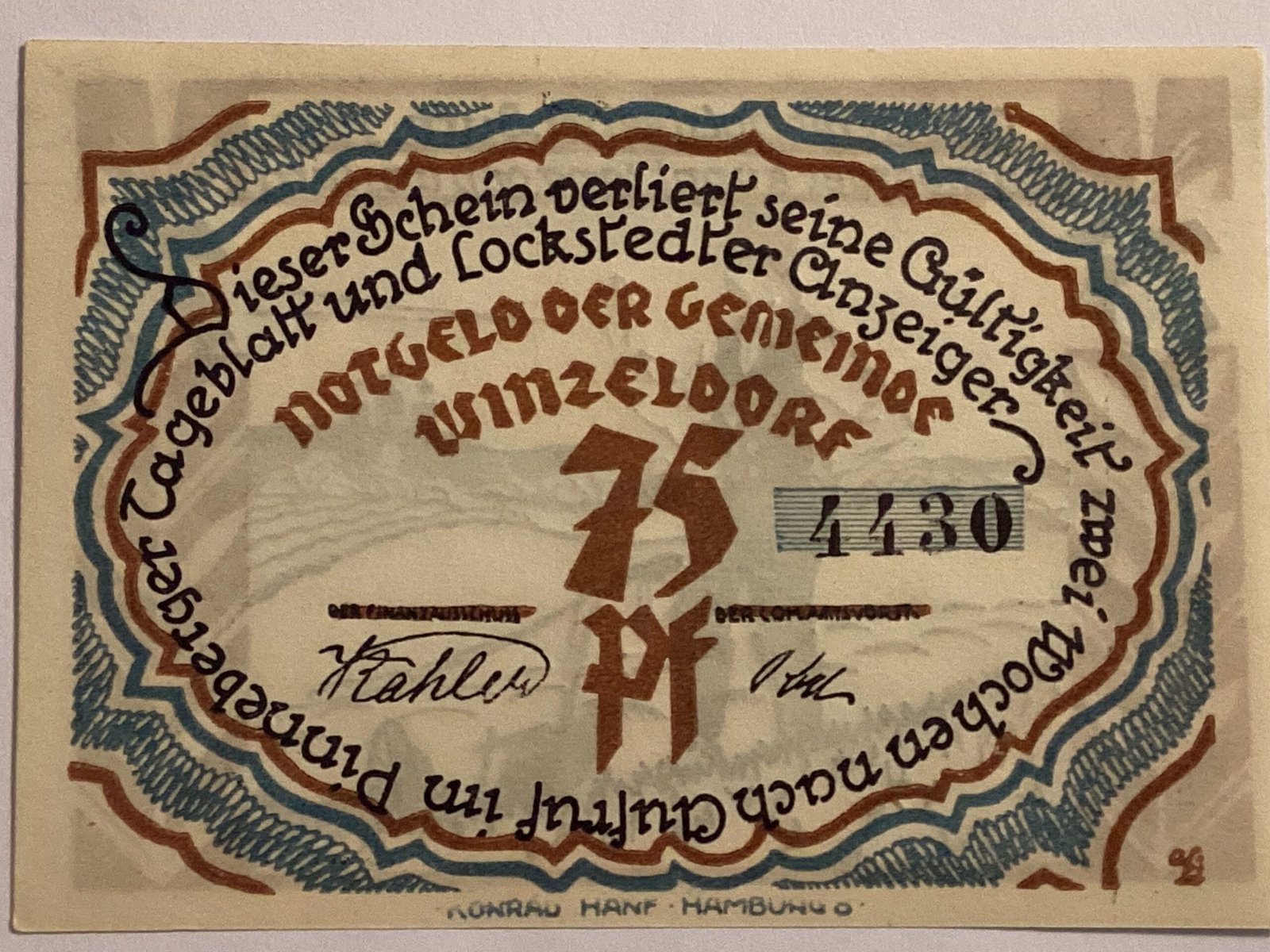 Аверс банкноты 75 пфеннигов Winzeldorf (Германия)