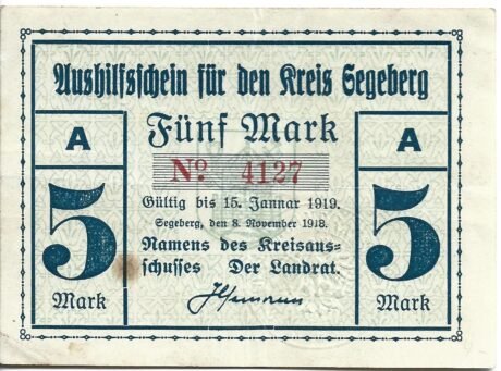 Аверс банкноты 5 znaków Kreis Segeberg (Niemcy) 1918