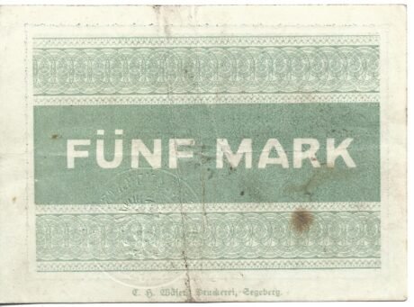 Реверс банкноты 5 znaków Kreis Segeberg (Niemcy) 1918