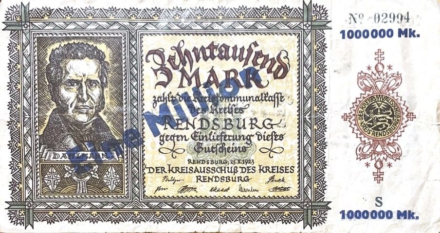 Аверс банкноты 1000000 марок Kreis Rendsburg; overprint on 10000 марок (Германия) 1923 года