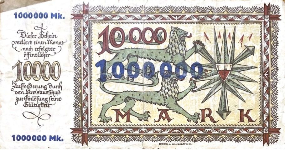 Реверс банкноты 1000000 марок Kreis Rendsburg; overprint on 10000 марок (Германия) 1923 года