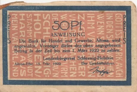 Аверс банкноты 50 fenigów Landesbürgerrat Schleswig-Holstein (Niemcy) 1922