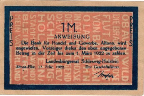 Аверс банкноты 1 marka Landesbürgerrat Schleswig-Holstein (Niemcy) 1922