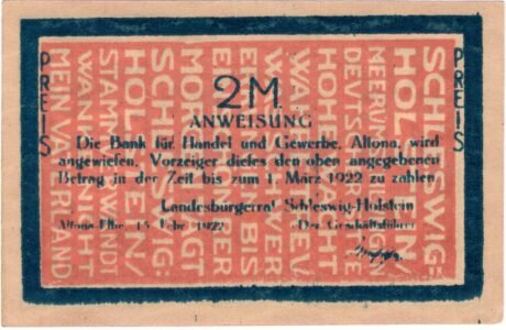 Аверс банкноты 2 Landesbürgerrat Schleswig-Holstein (Niemcy) sygnuje rok 1922