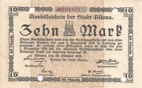 Аверс банкноты 10 marek (Niemcy) 1918