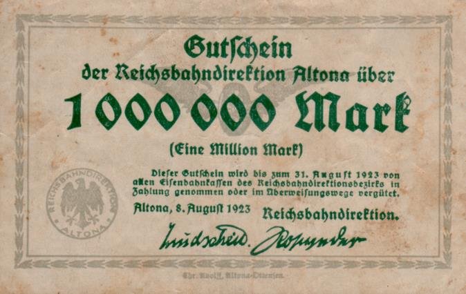 Аверс банкноты 1000000 марок Reichsbahndirektion (Германия) 1923 года