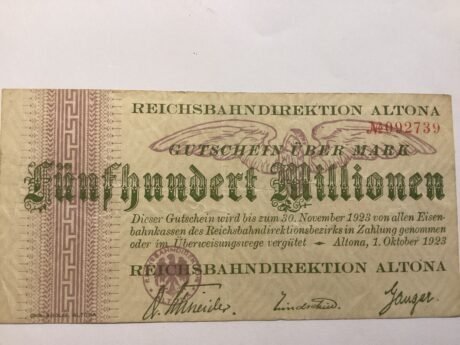 Аверс банкноты 500,000,000 marks Reichsbahndirektion (Germany) 1923