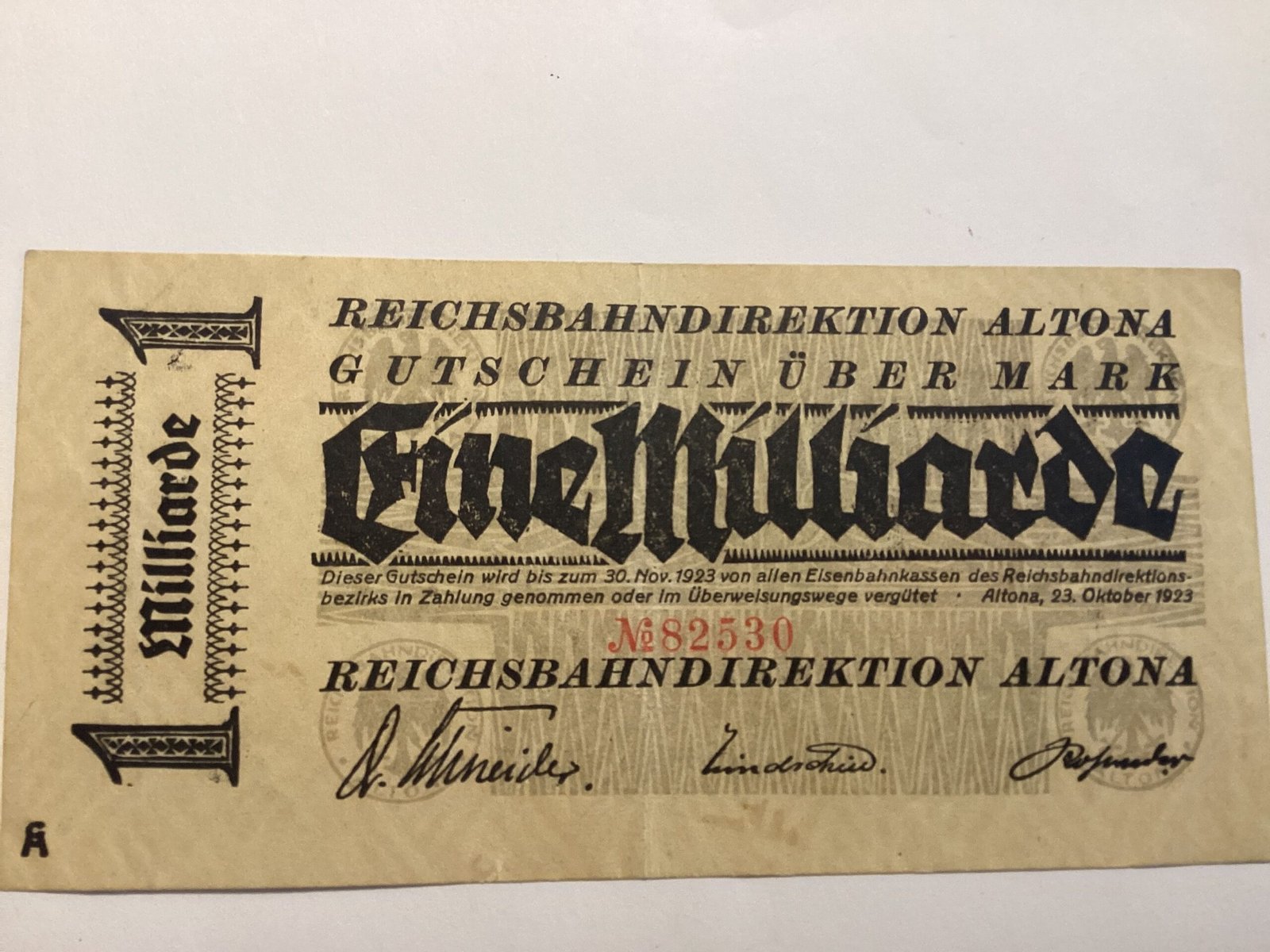 Аверс банкноты 1000000000 марок Reichsbahndirektion (Германия) 1923 года