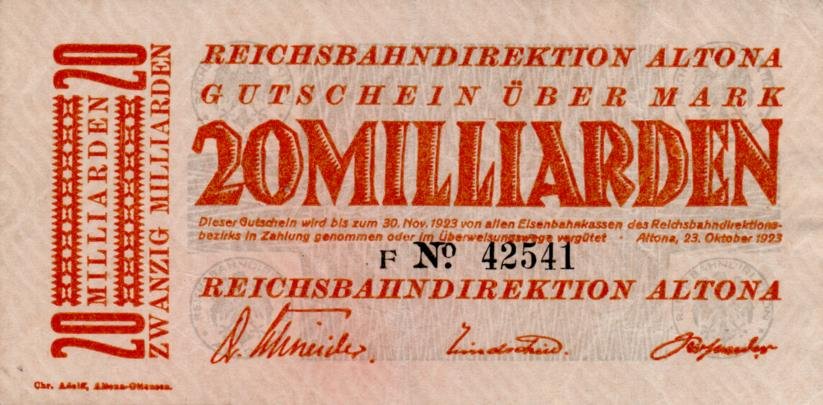 Аверс банкноты 20000000000 марок Reichsbahndirektion (Германия) 1923 года