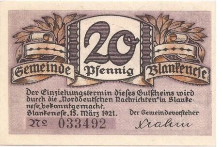 Аверс банкноты 20 fenigów (Niemcy) 1921