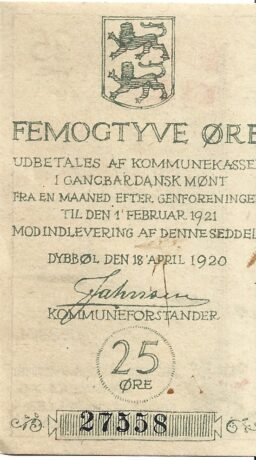 Аверс банкноты 25 Øre Danish issue (Германия) 1920 года