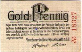 Аверс банкноты 1 Gold пфеннигов Flensburger Goldmarkgesellschaft (Германия) 1924 года