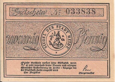 Аверс банкноты 20 fenigów (Niemcy) 1921