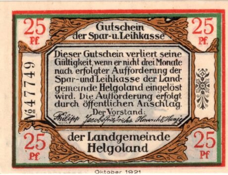 Аверс банкноты 25 пфеннигов Spar- und Leihkasse (Германия) 1919 года