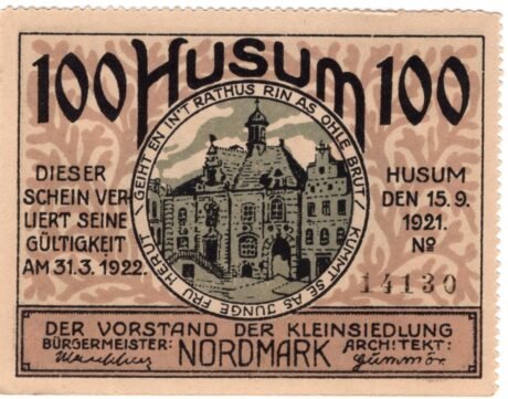 Аверс банкноты 100 fenigów Kleinsiedlung Nordmark (Niemcy) 1921
