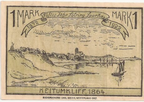 Реверс банкноты 1 marka Allgemeine Spa- und Leihkasse der Insel Sylt (Niemcy) 1922