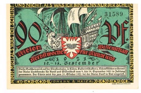 Аверс банкноты 90 fenigów Kieler Herbstwoche für Kunst und Wissenschaft (Niemcy) 1921