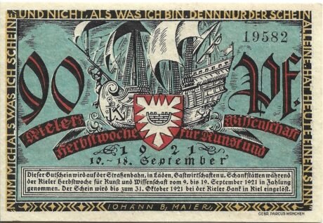 Аверс банкноты 90 fenigów Kieler Herbstwoche für Kunst und Wissenschaft (Niemcy) 1921