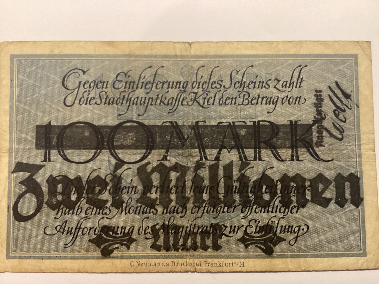 Реверс банкноты 2000000 марок Overprint on 100 марок (Германия)