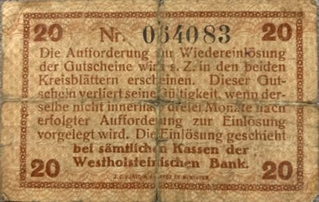 Реверс банкноты 20 fenigów (Niemcy) 1918