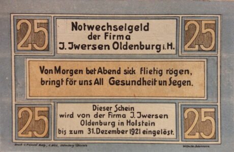 Аверс банкноты 25 fenigów I. Iwersen (Niemcy) 1921